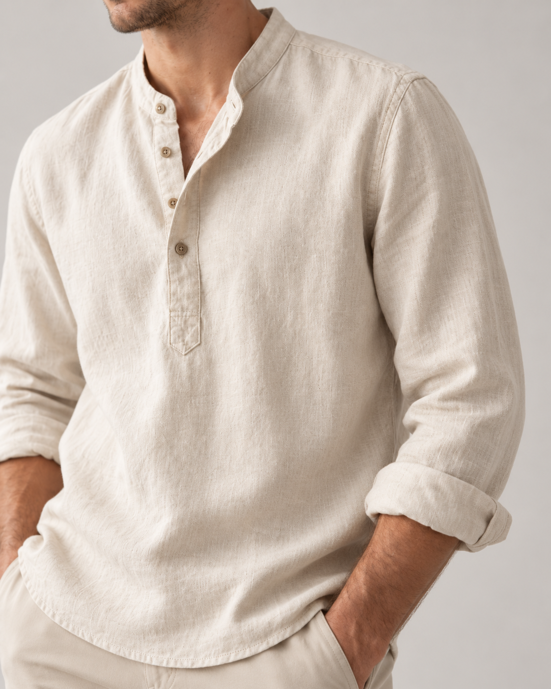 Men's Linen-Cotton Band Collar Henley Shirt – Relaxed Fit