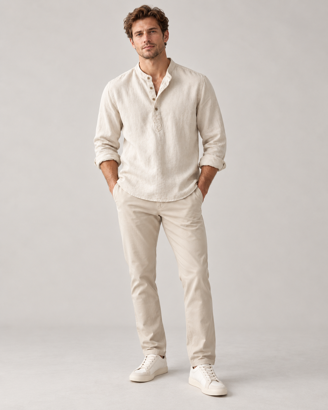 Men's Linen-Cotton Band Collar Henley Shirt – Relaxed Fit
