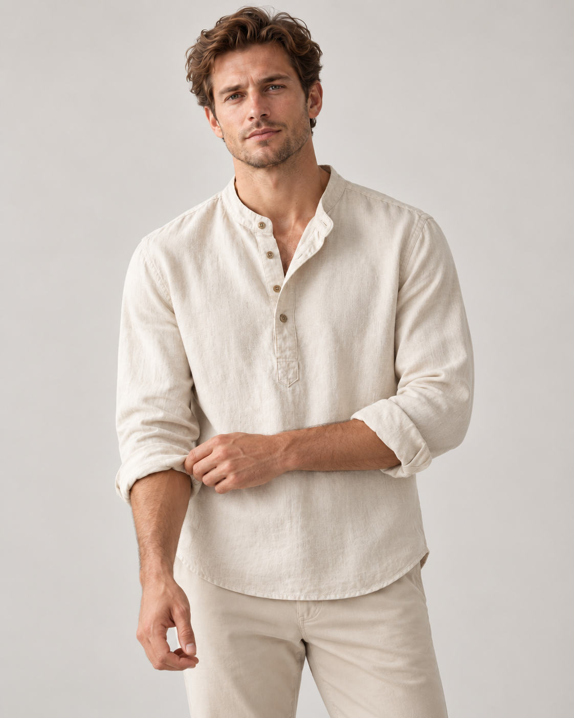 Men's Linen-Cotton Band Collar Henley Shirt – Relaxed Fit