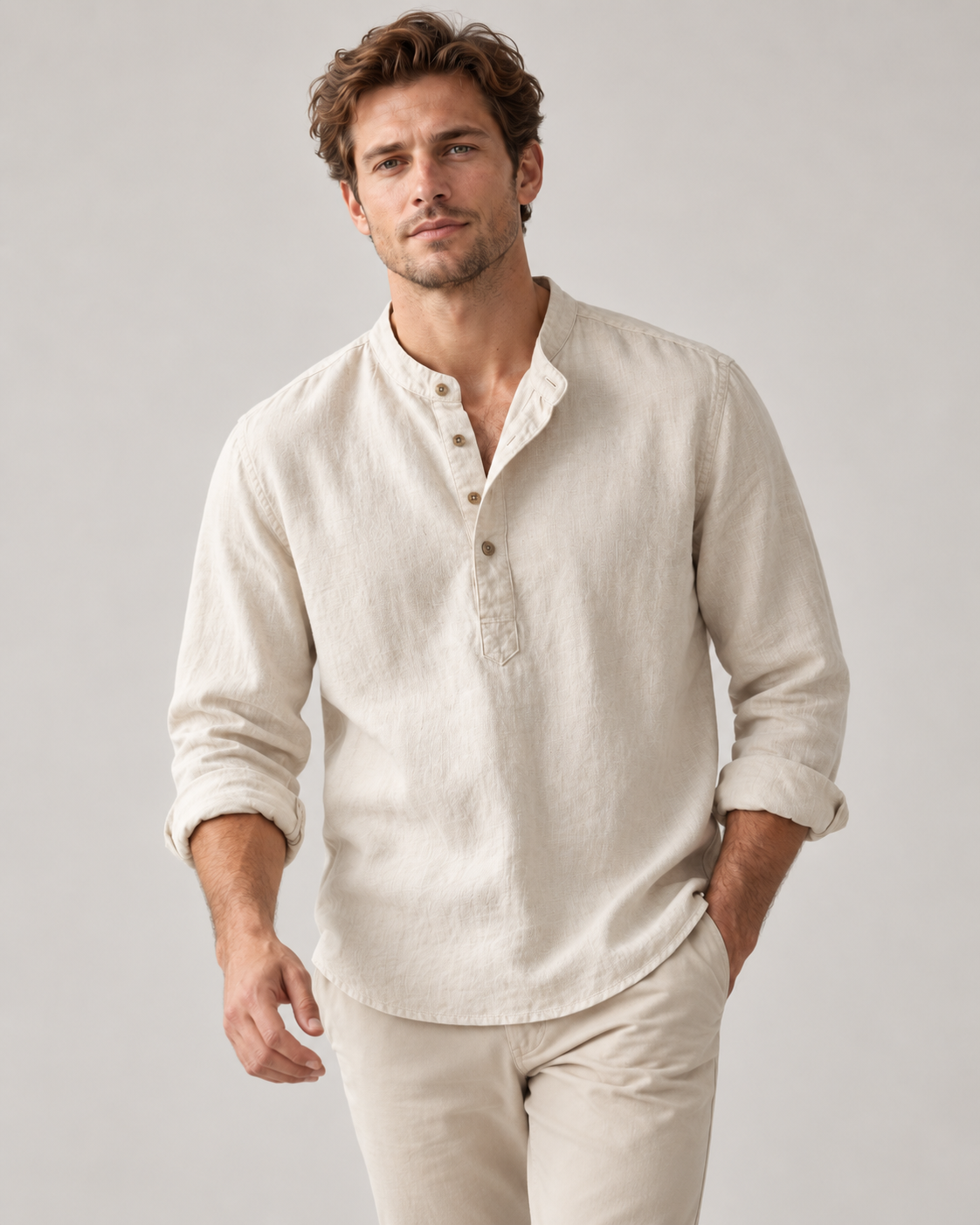 Men's Linen-Cotton Band Collar Henley Shirt – Relaxed Fit