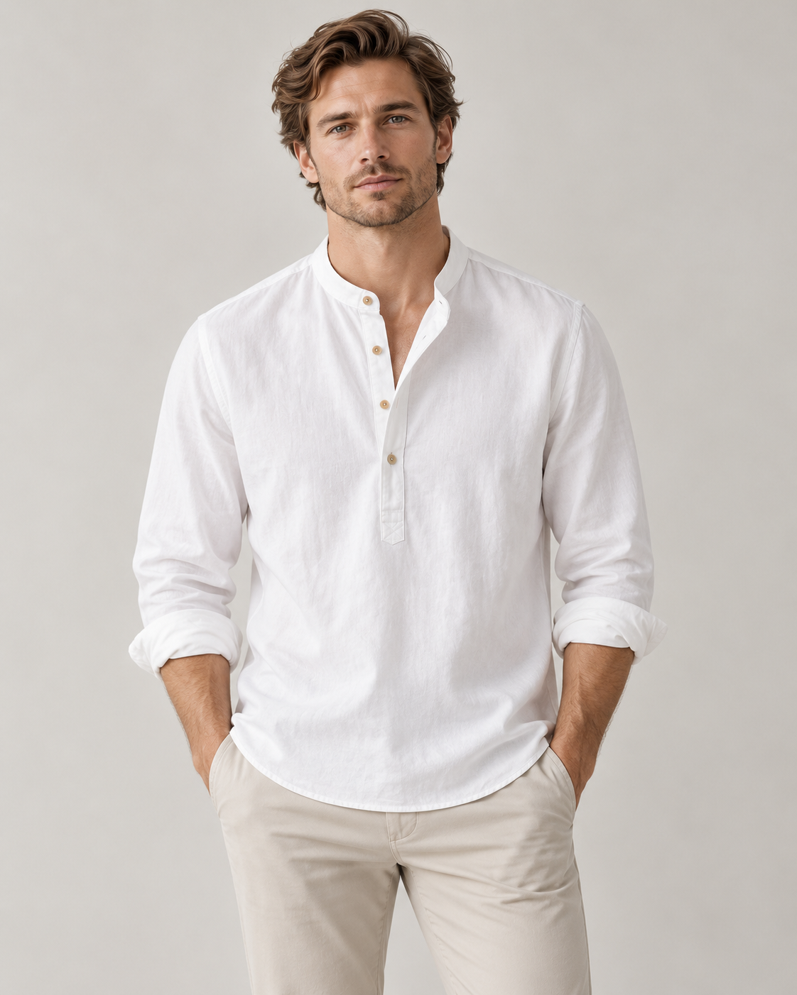 Men's Linen-Cotton Band Collar Henley Shirt – Relaxed Fit