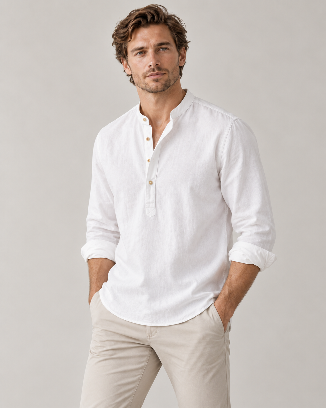 Men's Linen-Cotton Band Collar Henley Shirt – Relaxed Fit