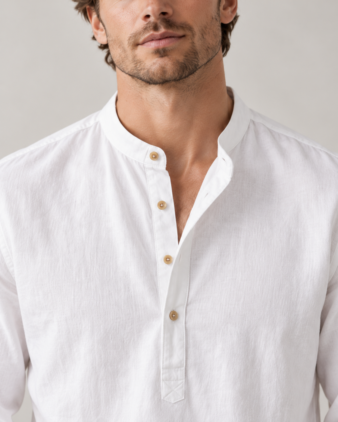 Men's Linen-Cotton Band Collar Henley Shirt – Relaxed Fit