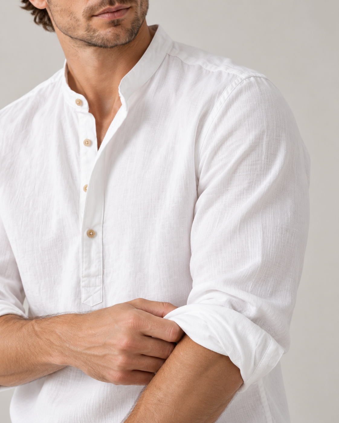 Men's Linen-Cotton Band Collar Henley Shirt – Relaxed Fit