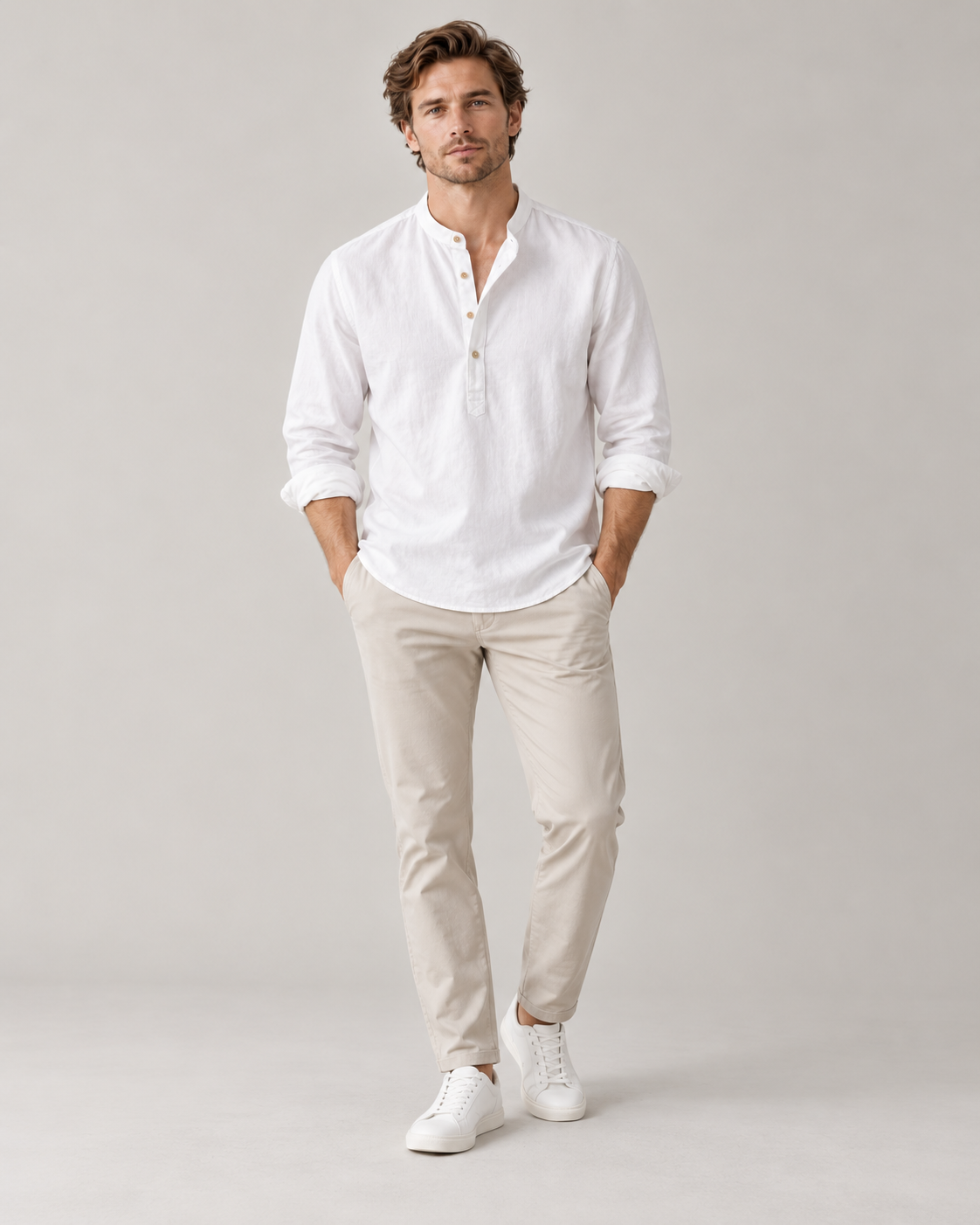 Men's Linen-Cotton Band Collar Henley Shirt – Relaxed Fit