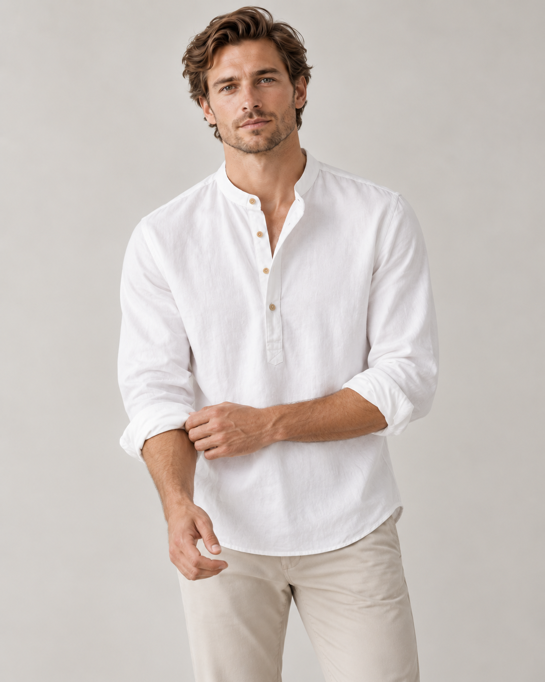 Men's Linen-Cotton Band Collar Henley Shirt – Relaxed Fit
