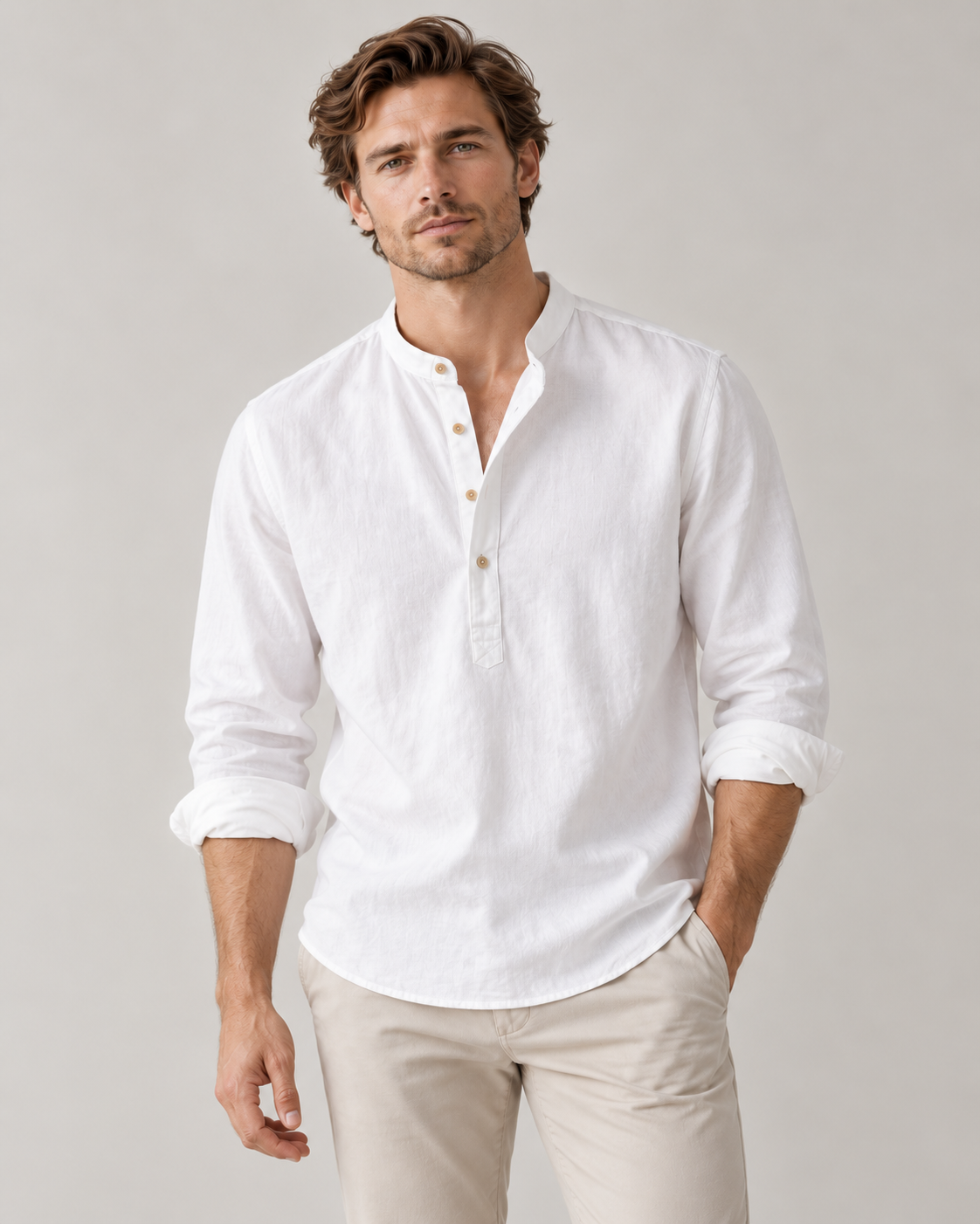 Men's Linen-Cotton Band Collar Henley Shirt – Relaxed Fit