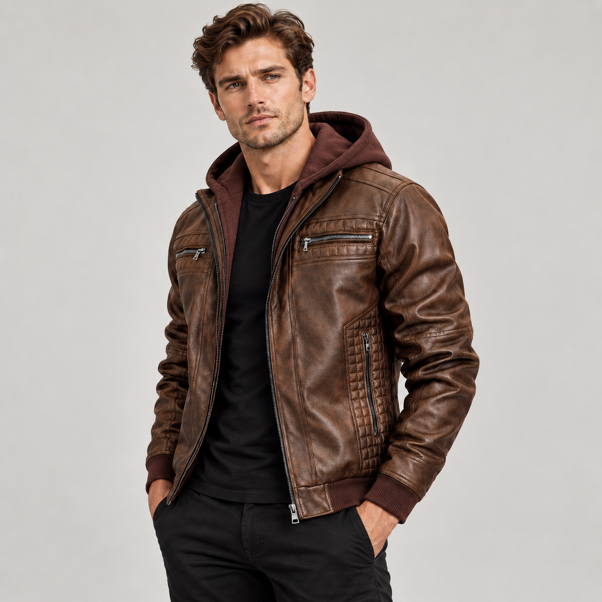 Men's Hooded Faux Leather Bomber Jacket