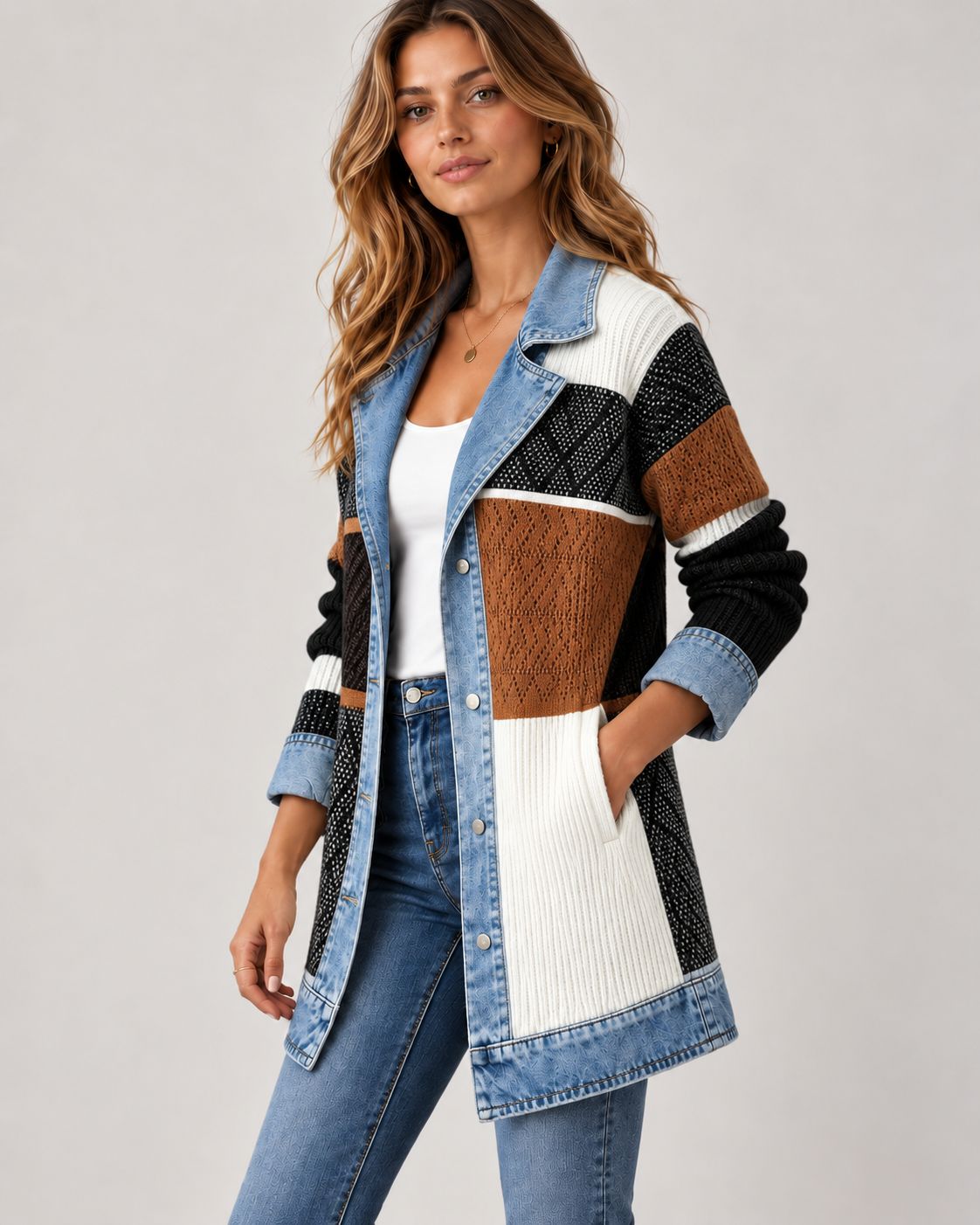 Women's Denim Trim Longline Jacket – Contrast Button Front