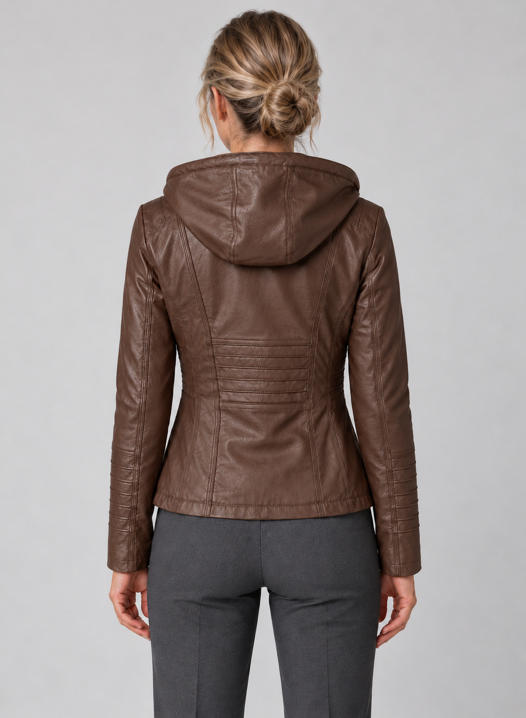 Women’s Faux Leather Jacket With Detachable Hood