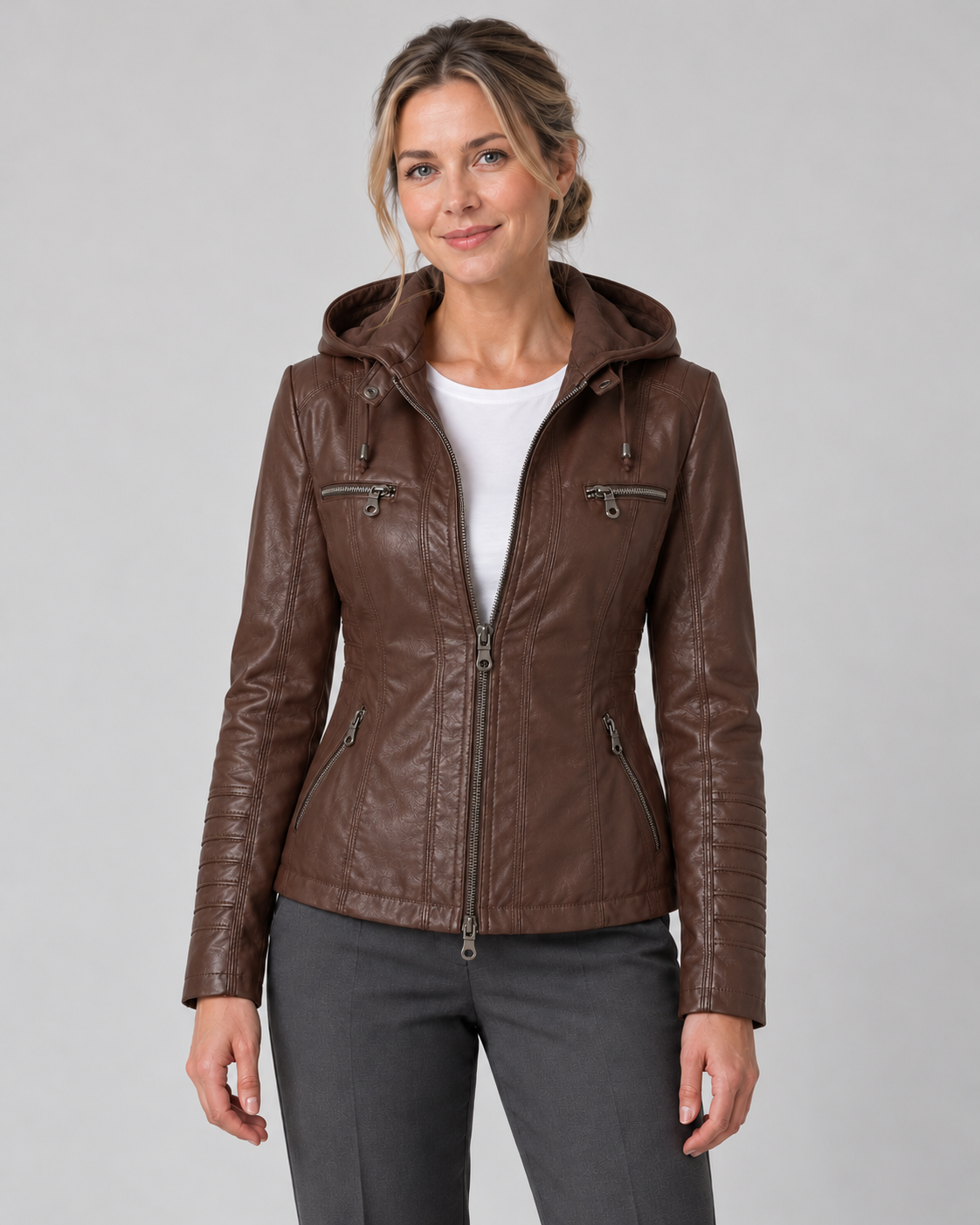 Women’s Faux Leather Jacket With Detachable Hood
