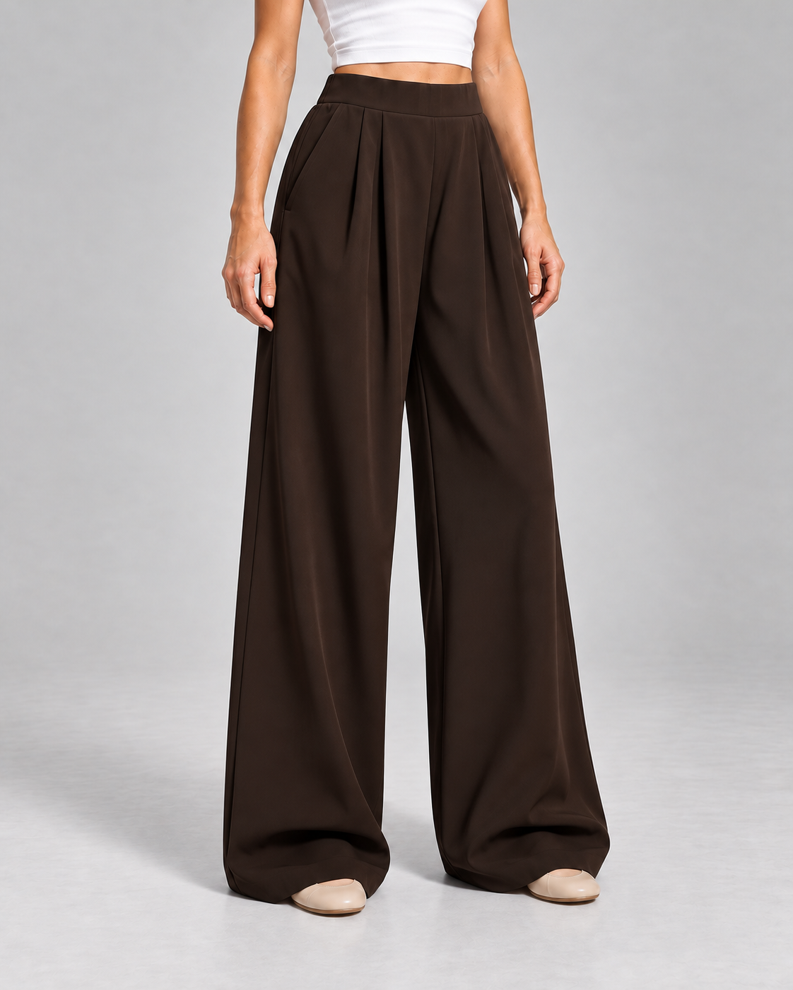 Ladies Wide Leg Trousers – High Waisted Pleated Style with Pockets