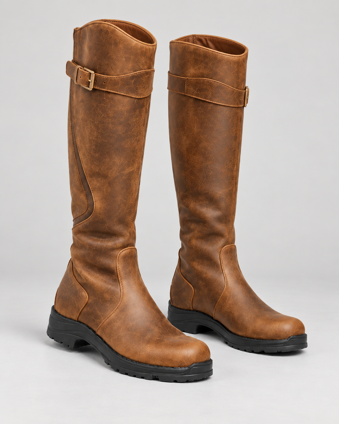 Women's Waterproof Leather Knee-High Boots – Buckle Strap