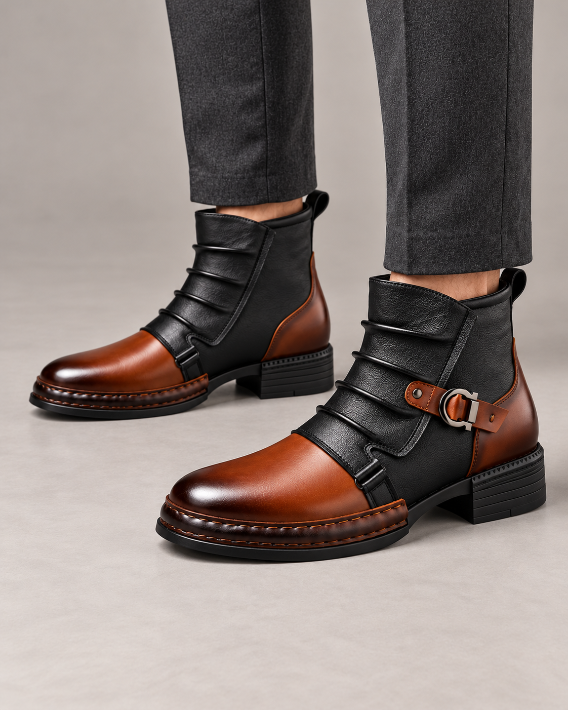 Men’s Boots With Contrast Leather And Buckle
