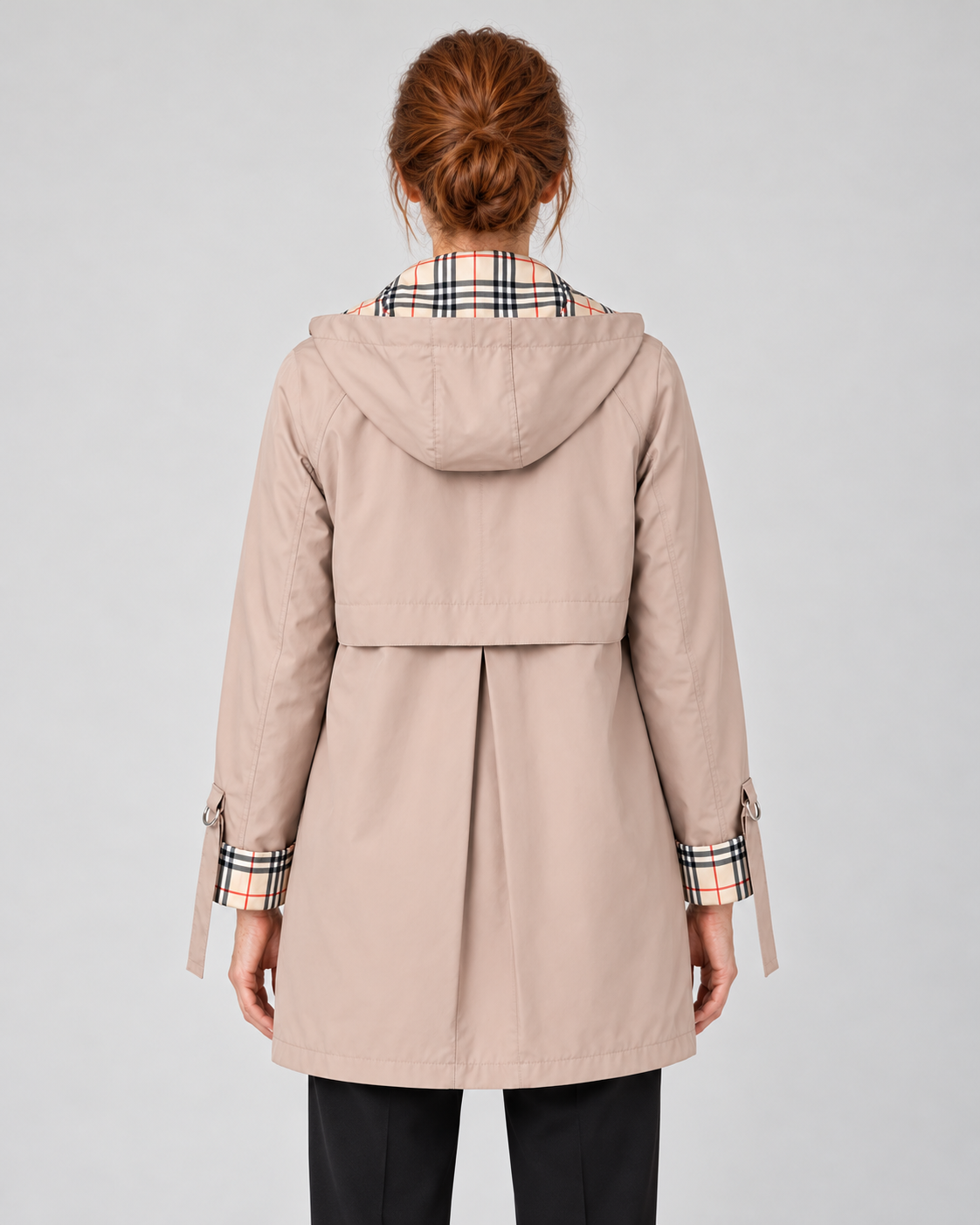 Women’s Hooded Long Raincoat with Zip Front and Check Trim