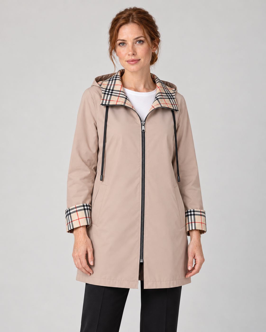 Women’s Hooded Long Raincoat with Zip Front and Check Trim