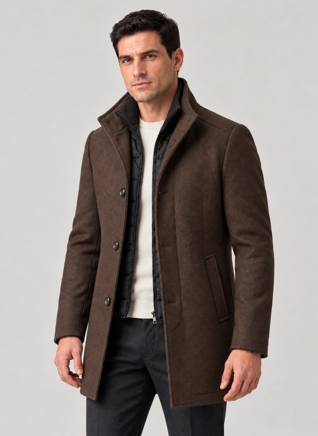 Men’s Winter Coat with Stand Collar and Detachable Quilted Gilet