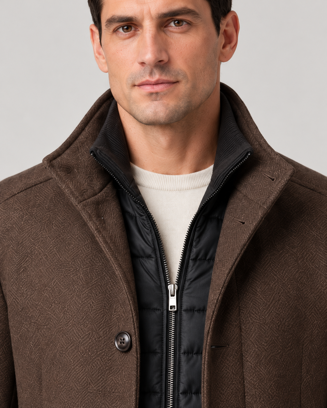 Men’s Winter Coat with Stand Collar and Detachable Quilted Gilet