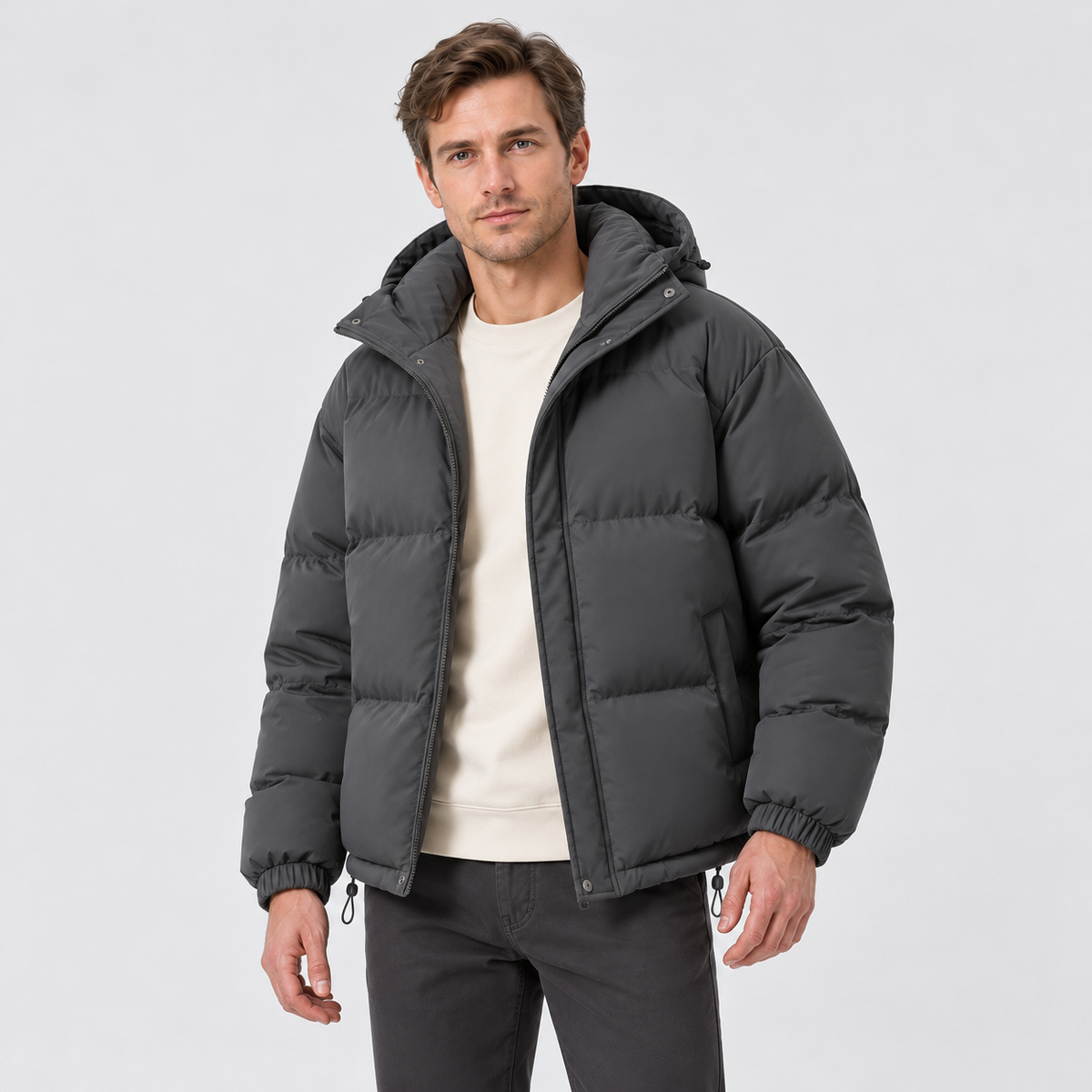Men's Hooded Puffer Jacket – Zip Front & Relaxed Fit