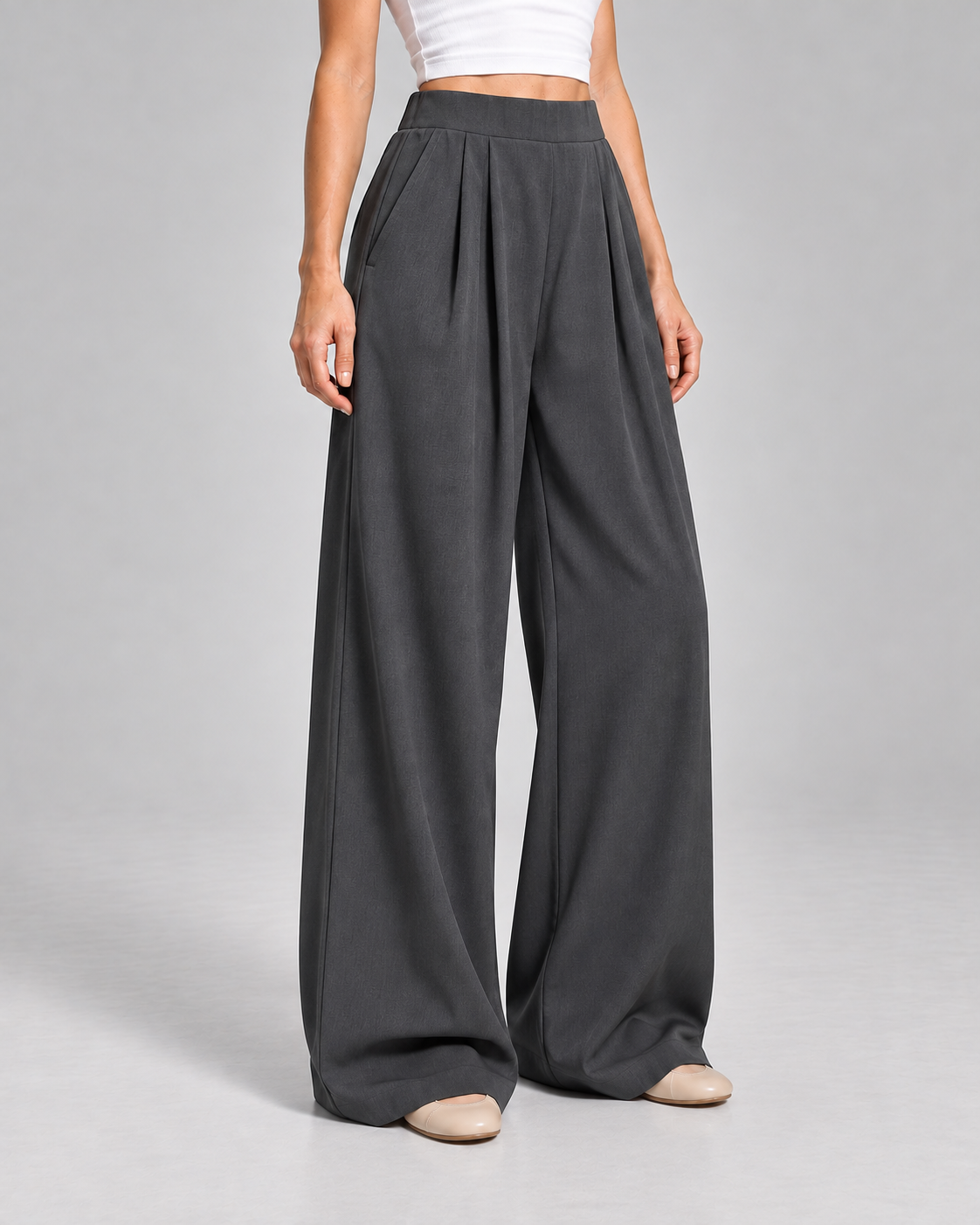 Ladies Wide Leg Trousers – High Waisted Pleated Style with Pockets