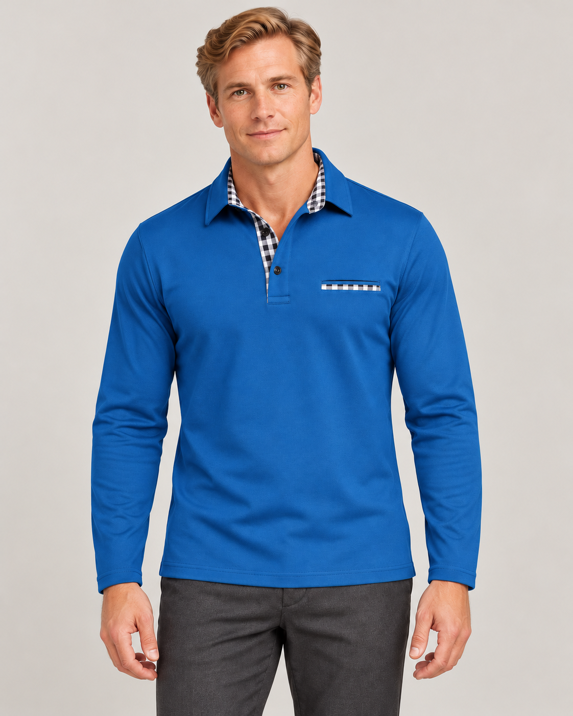 Men’s Long Sleeve Polo Shirt in Cotton Blend with Check Trim