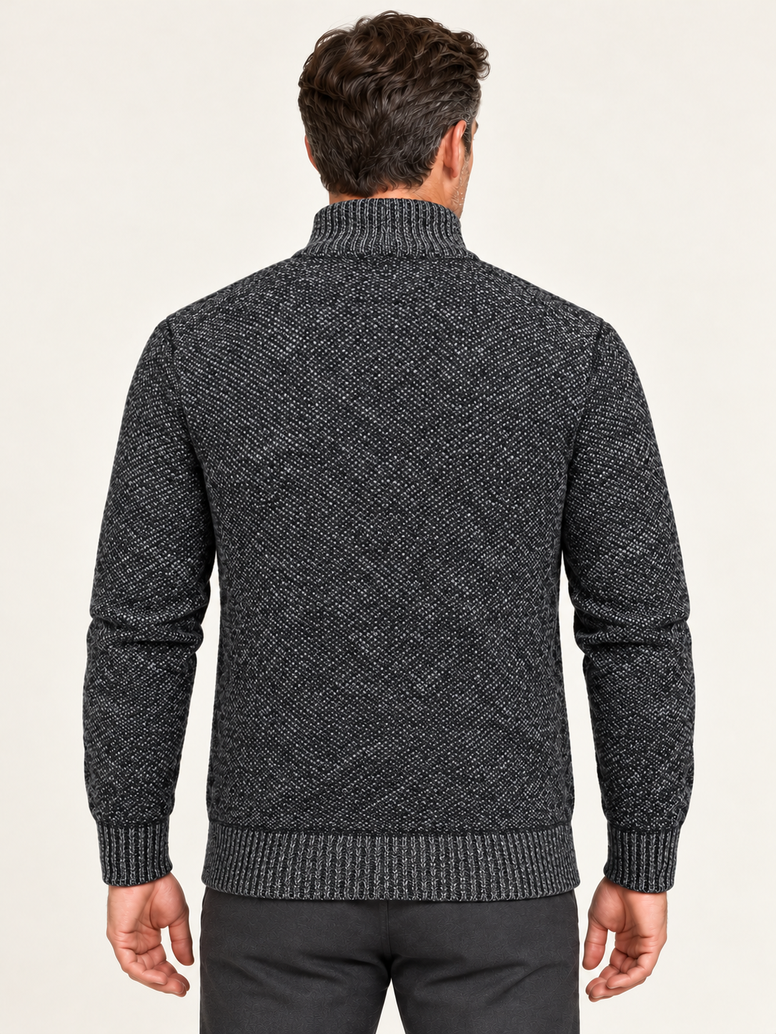 Men’s Fleece-Lined Zip-Up Cardigan – Stand Collar & Patterned Knit