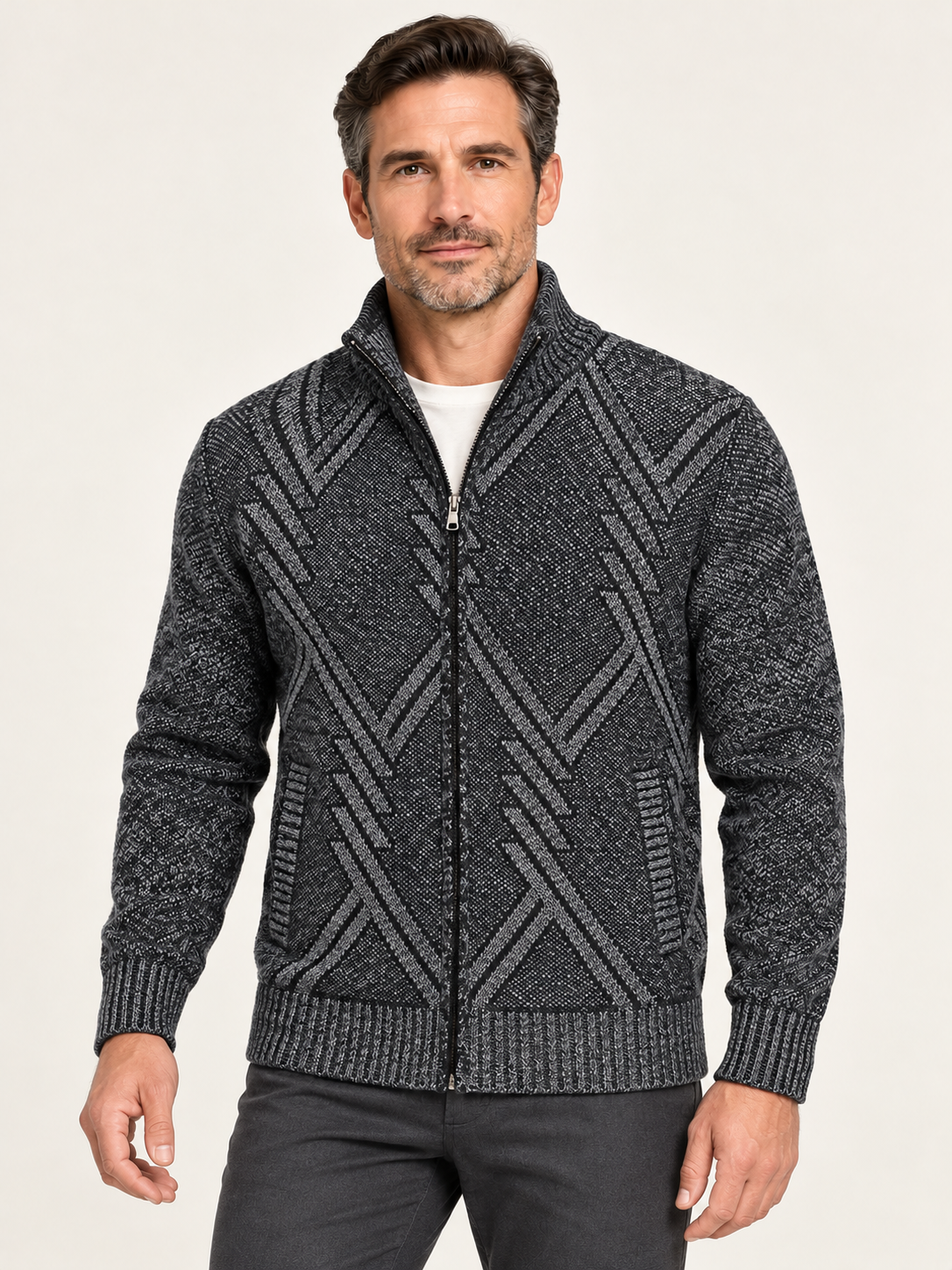 Men’s Fleece-Lined Zip-Up Cardigan – Stand Collar & Patterned Knit