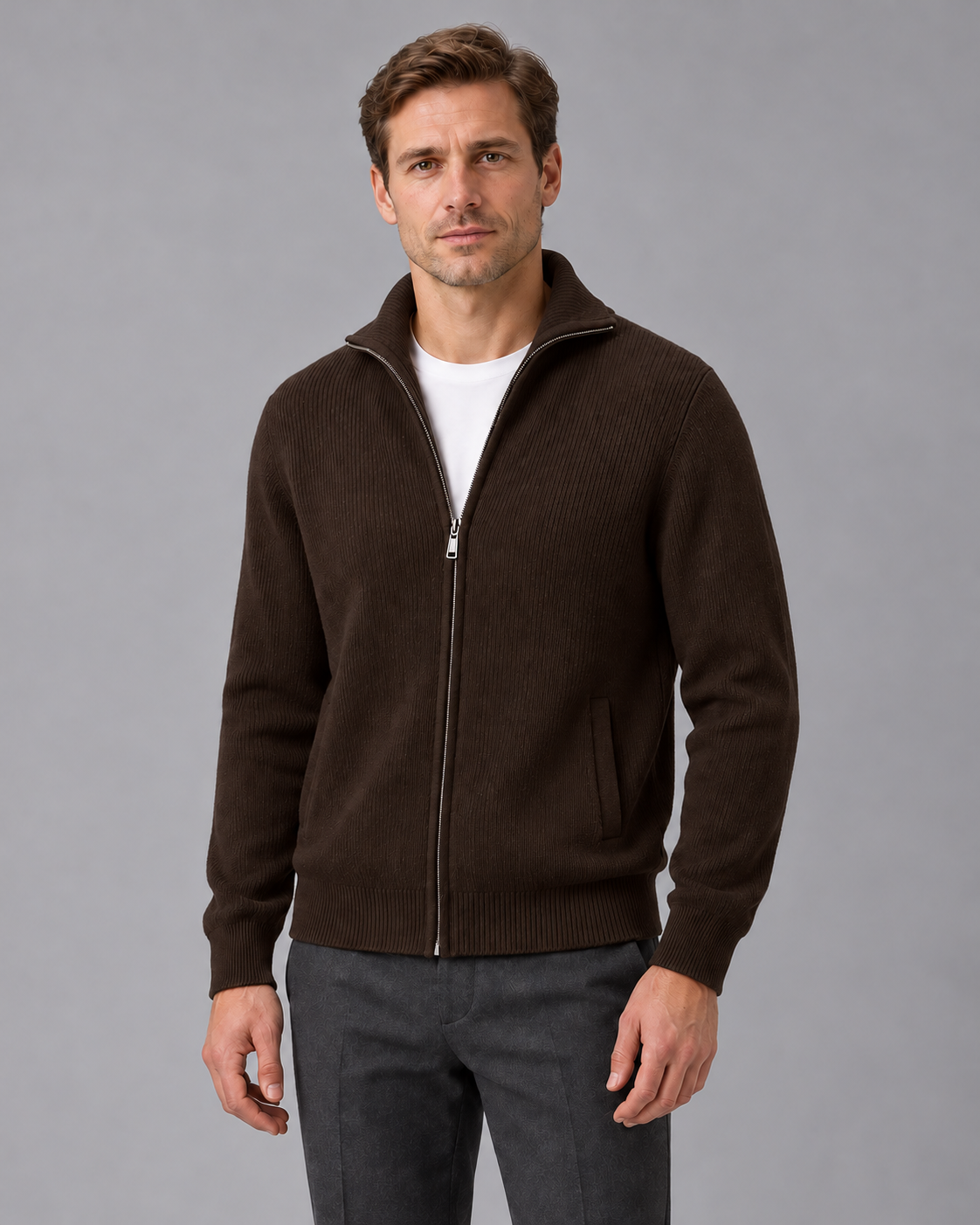 Men’s Cashmere Zip Cardigan – Rib Knit