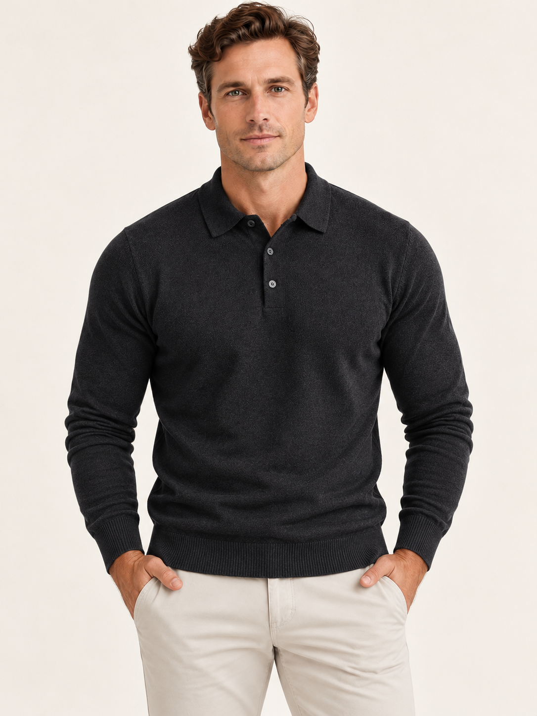 Men’s Long-Sleeve Knitted Polo Shirt – Button Placket & Ribbed Trims