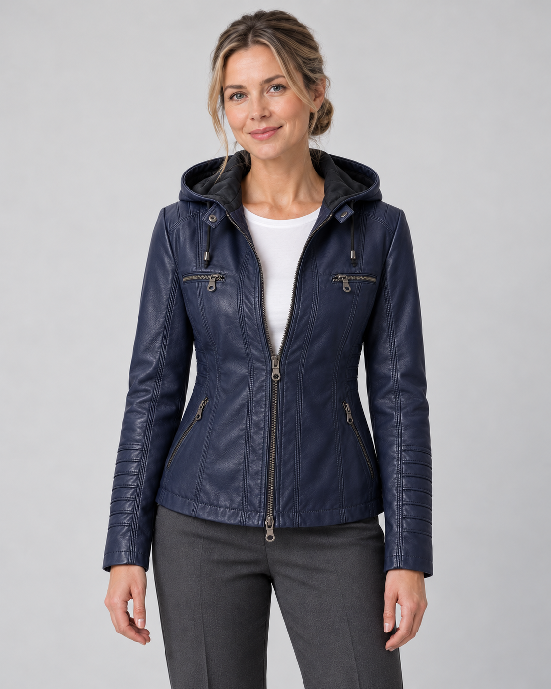 Women’s Faux Leather Jacket With Detachable Hood