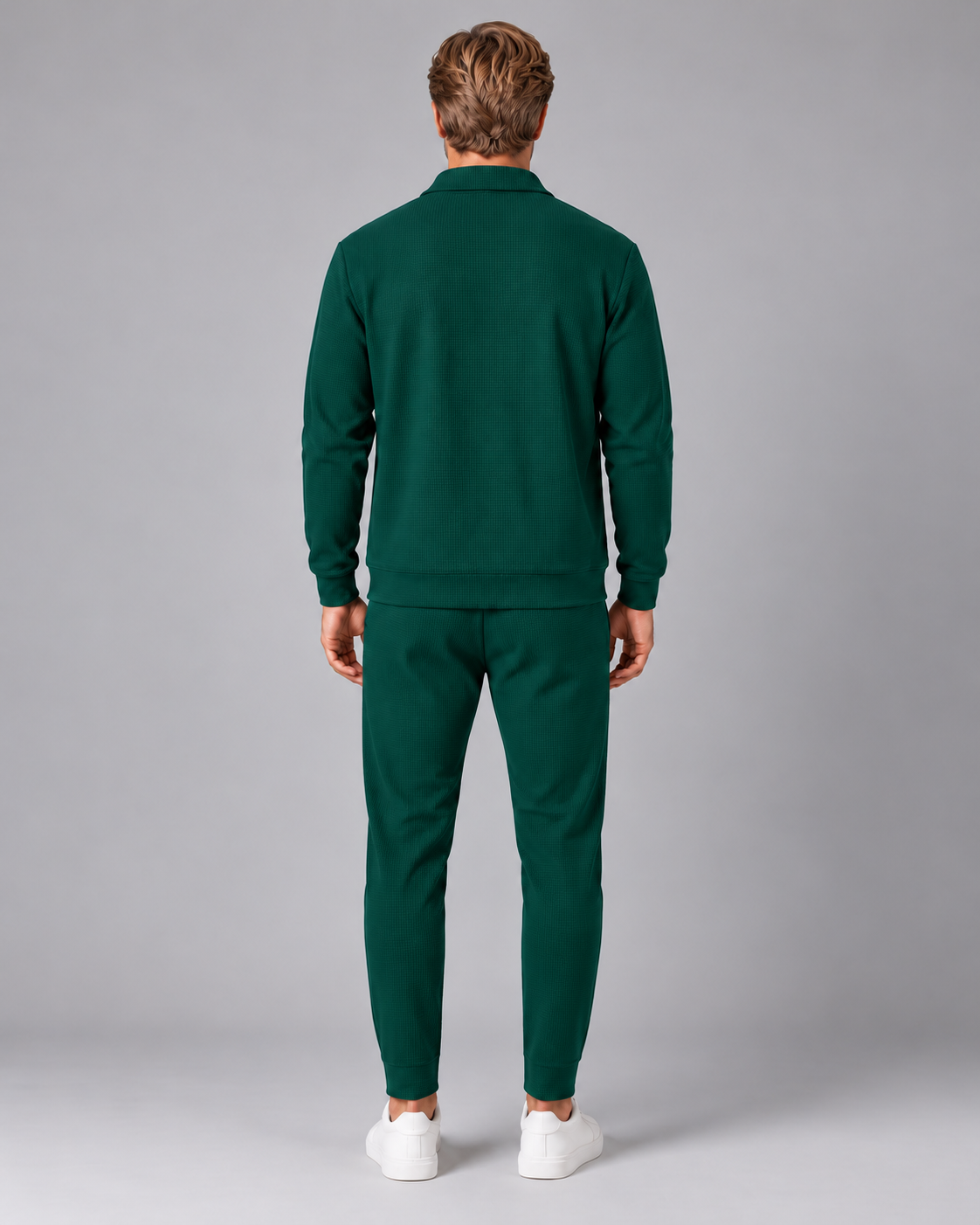 Men's Waffle Tracksuit Set – Collared Zip Jacket & Trousers