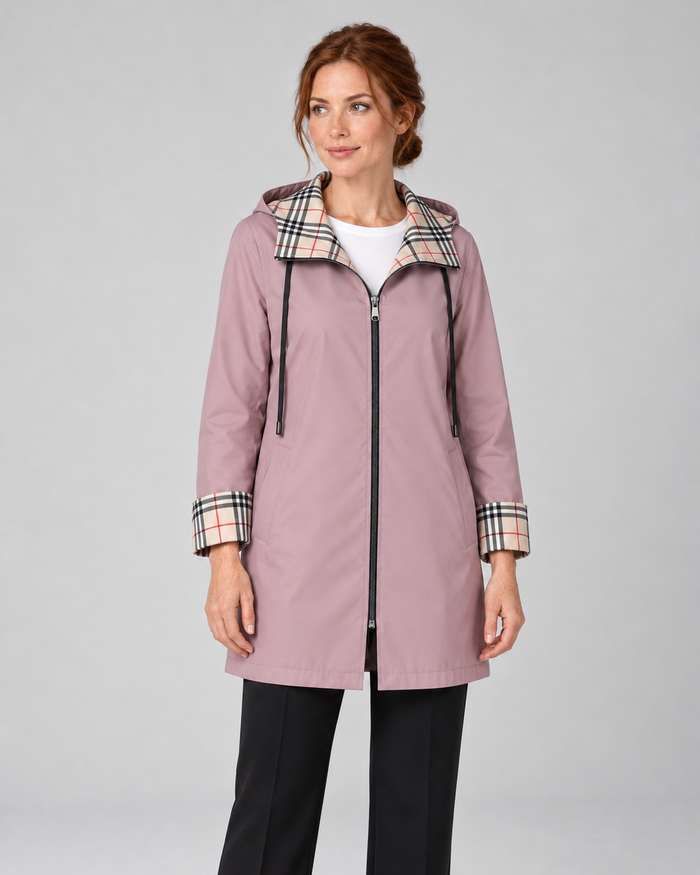 Women’s Hooded Long Raincoat with Zip Front and Check Trim