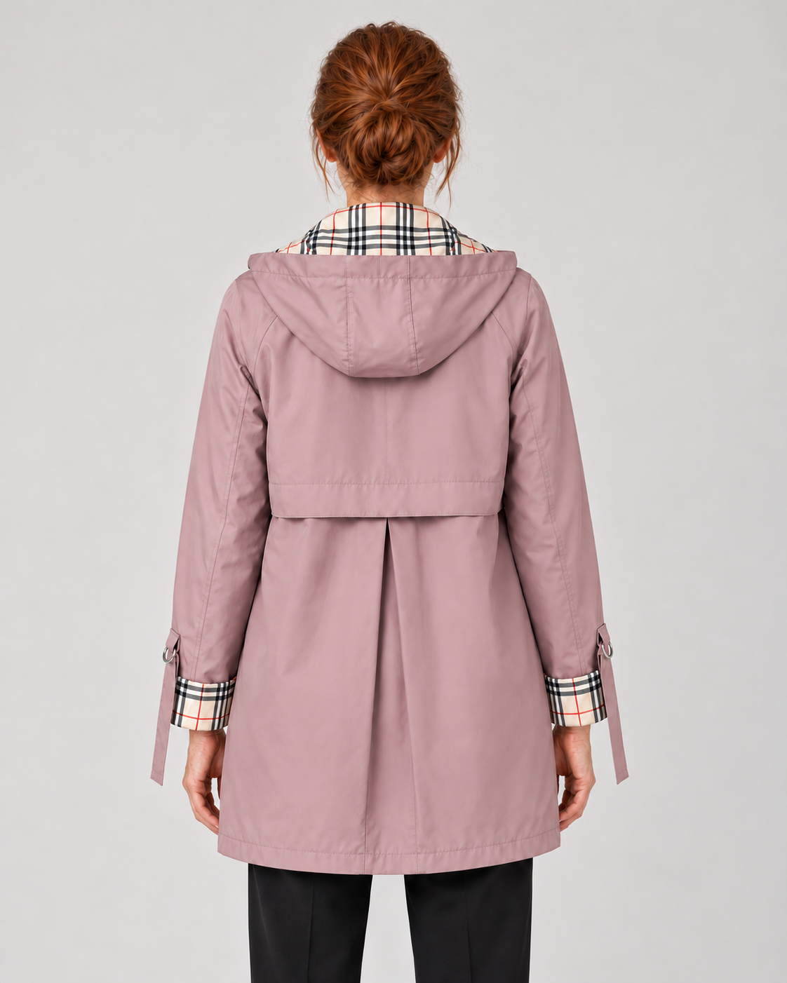 Women’s Hooded Long Raincoat with Zip Front and Check Trim