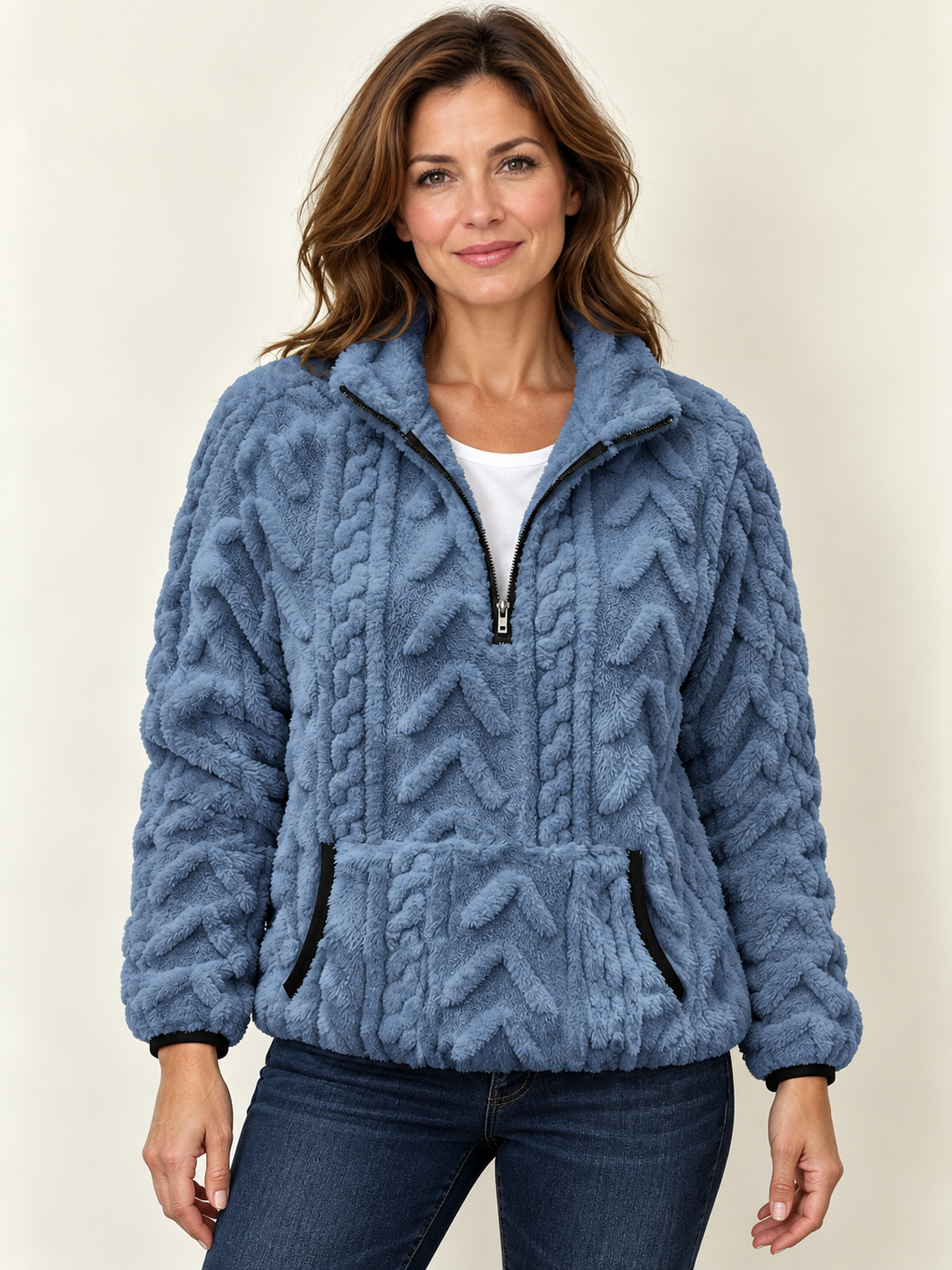 Women’s Half-Zip Fleece Jumper – Textured & Kangaroo Pocket