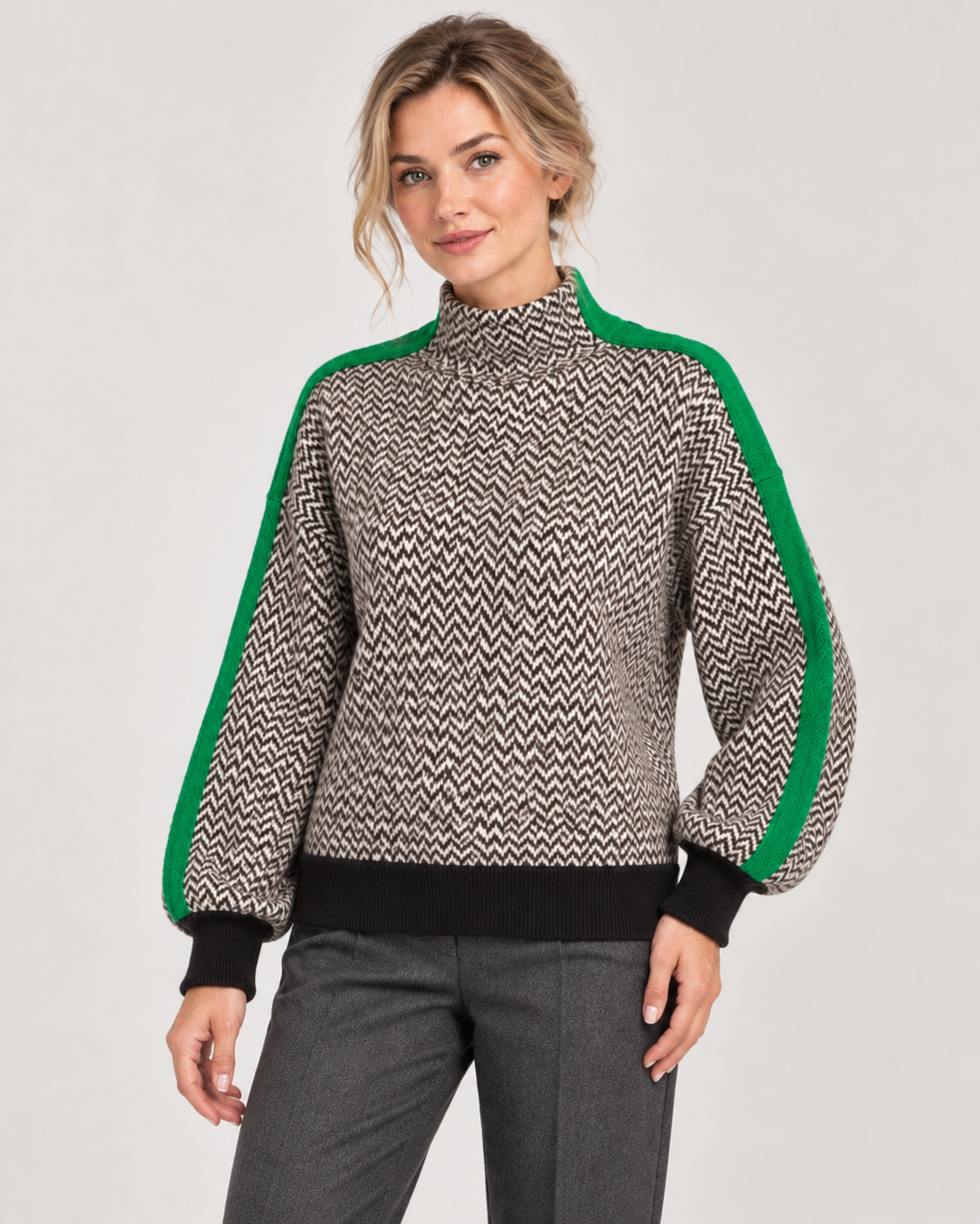Women’s Roll-Neck Jumper – Herringbone Knit & Contrast Sleeve Stripes