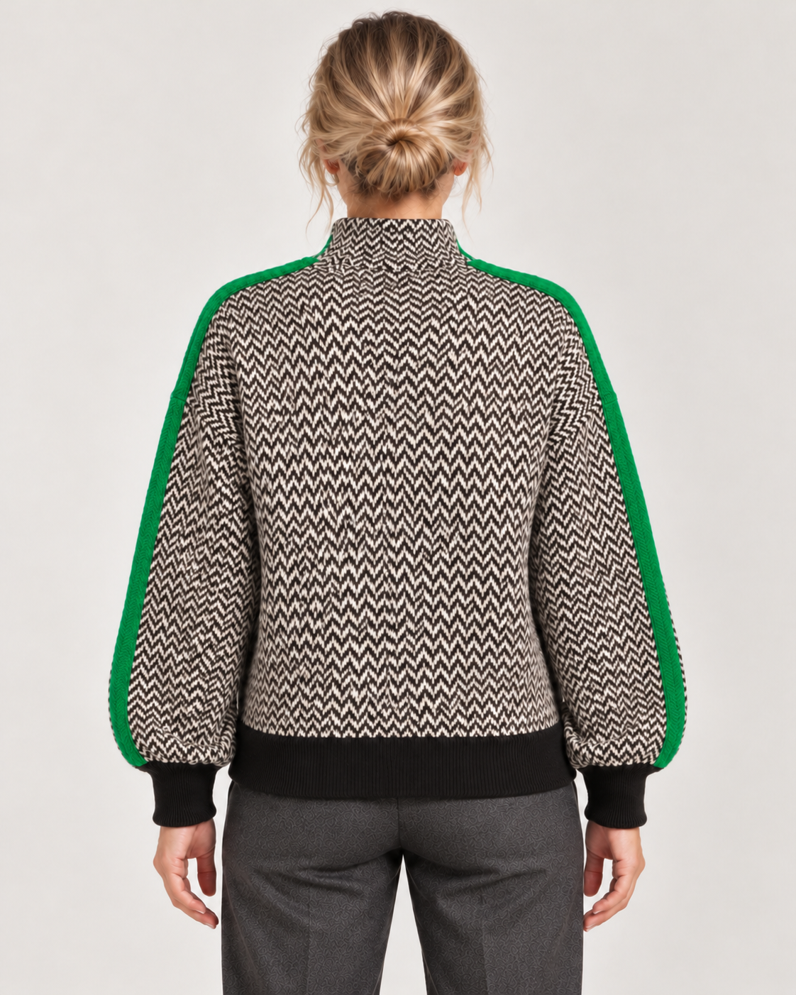Women’s Roll-Neck Jumper – Herringbone Knit & Contrast Sleeve Stripes