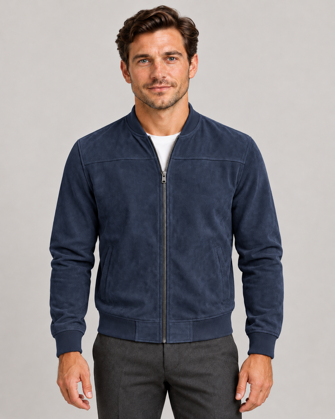 Men’s Faux Suede Bomber Jacket with Zip Front and Ribbed Trims