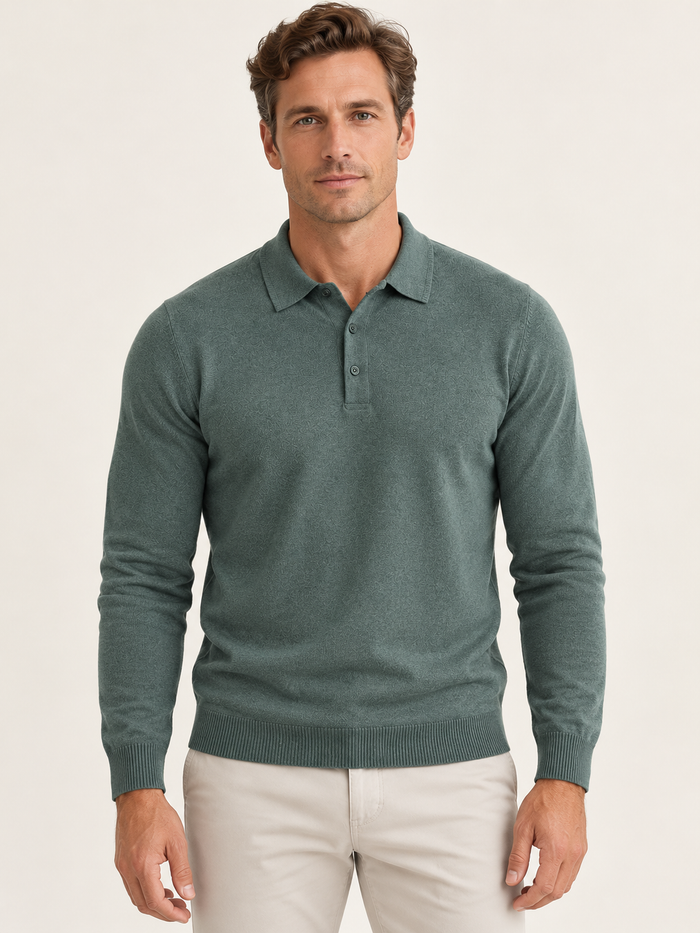 Men’s Long-Sleeve Knitted Polo Shirt – Button Placket & Ribbed Trims