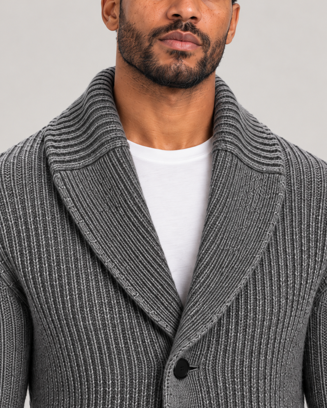 Men’s Shawl Collar Cardigan with Ribbed Knit and Button Front