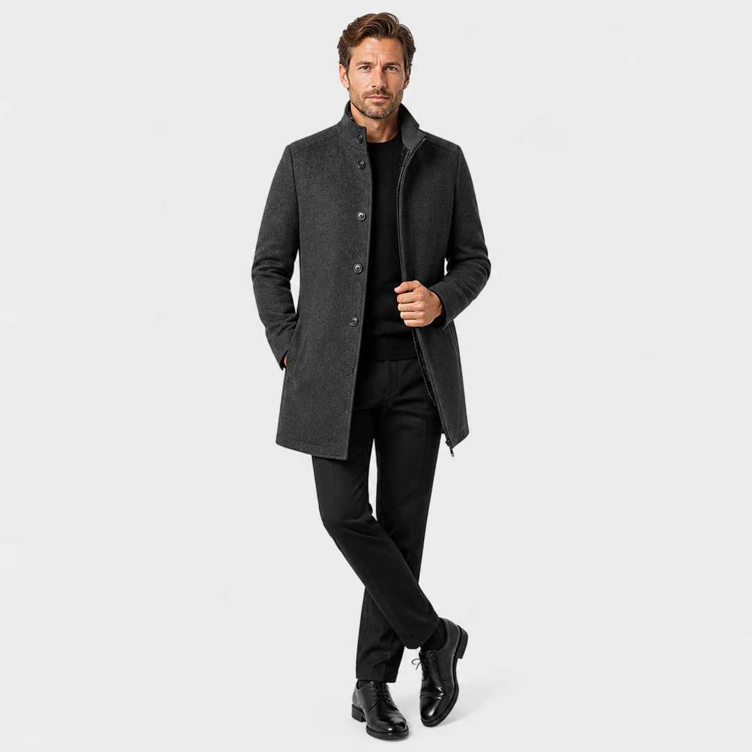 Men’s Wool-Blend Overcoat – Stand Collar & Vest Panel