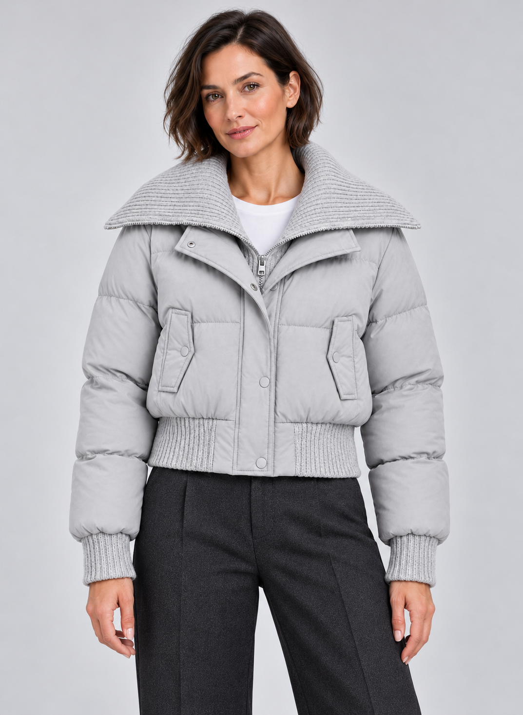 Women’s Puffer Jacket With Ribbed Knit Collar