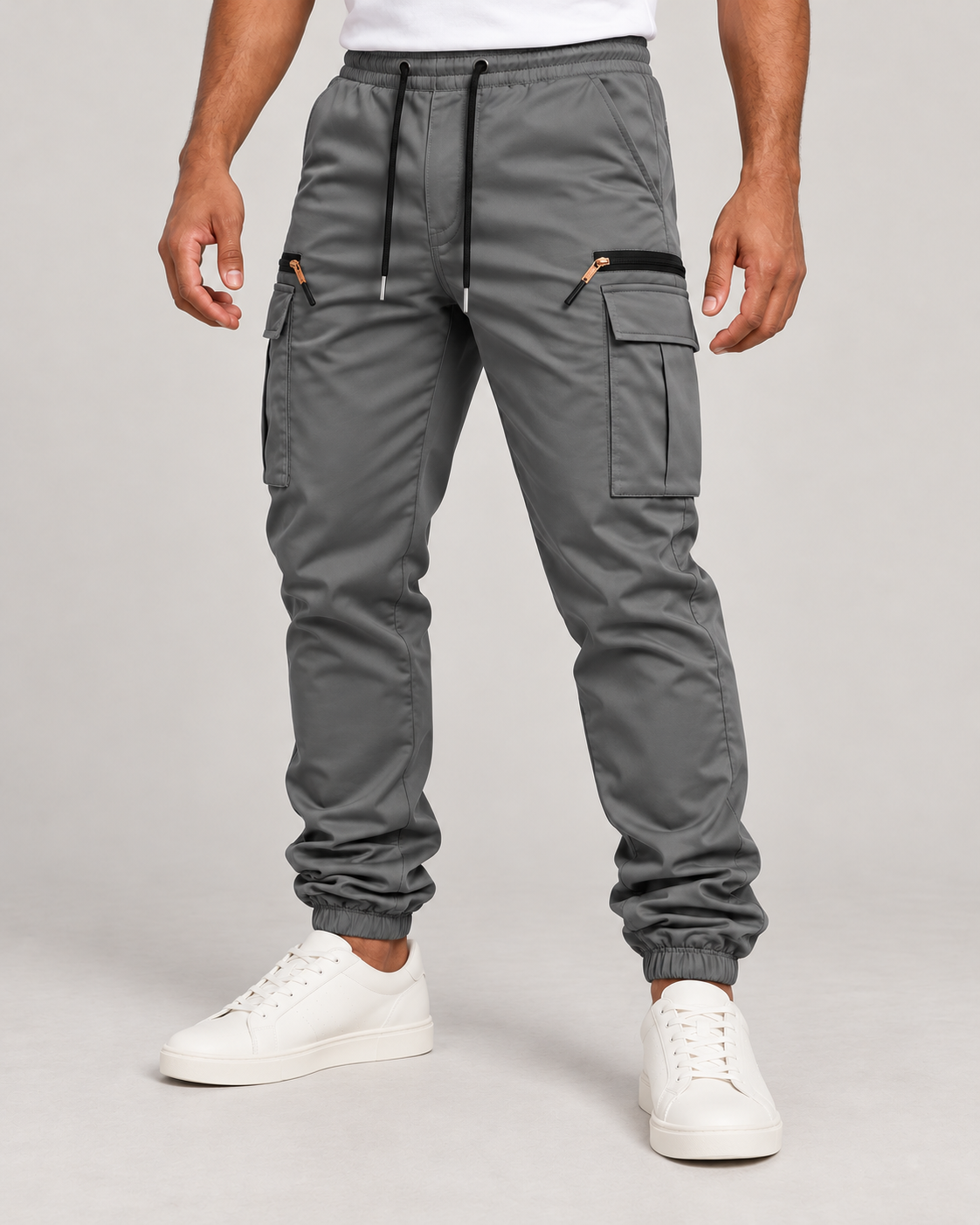 Men’s Stretch Cargo Joggers with Drawstring Waist and Zip Pockets
