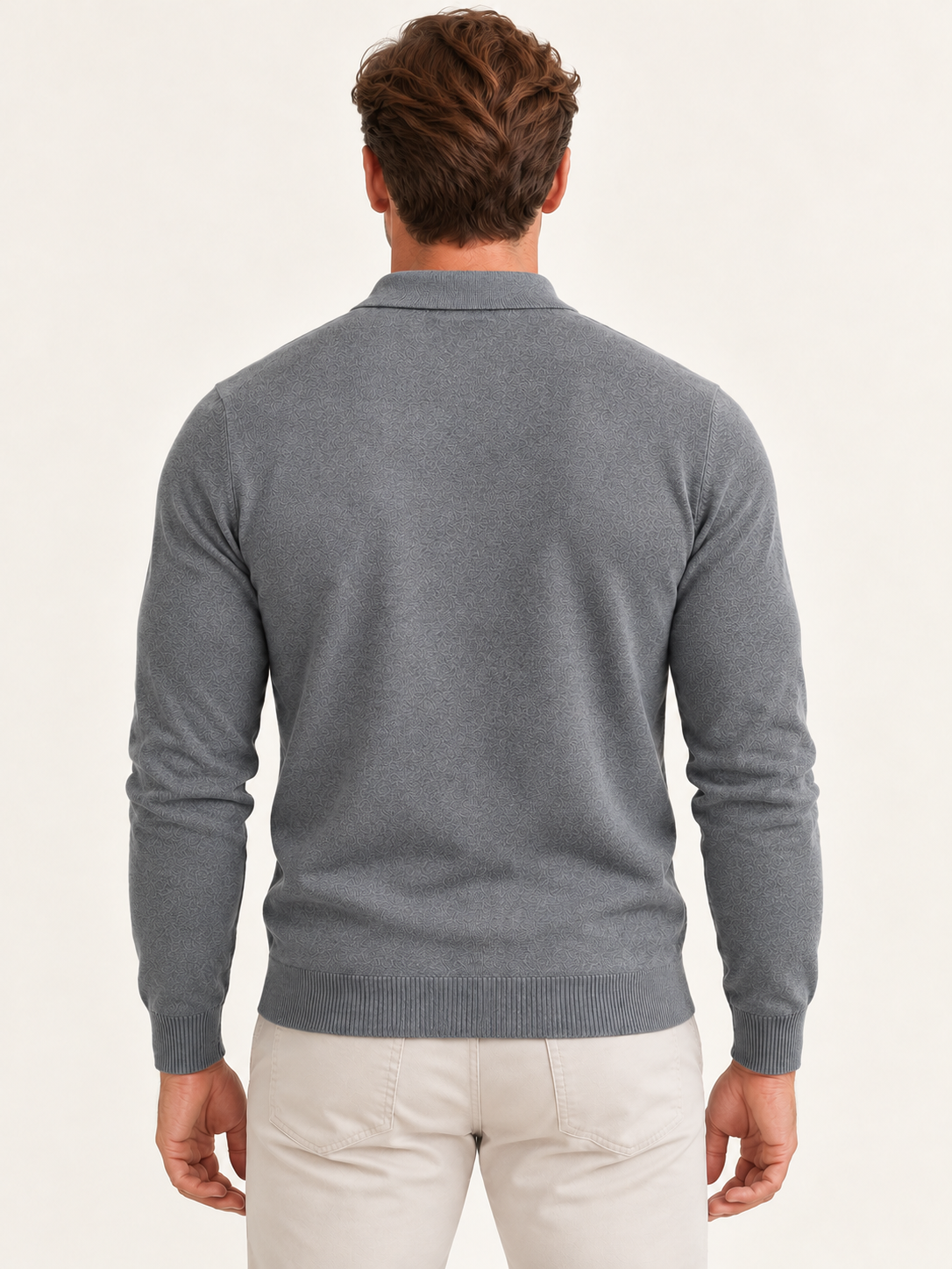 Men’s Long-Sleeve Knitted Polo Shirt – Button Placket & Ribbed Trims
