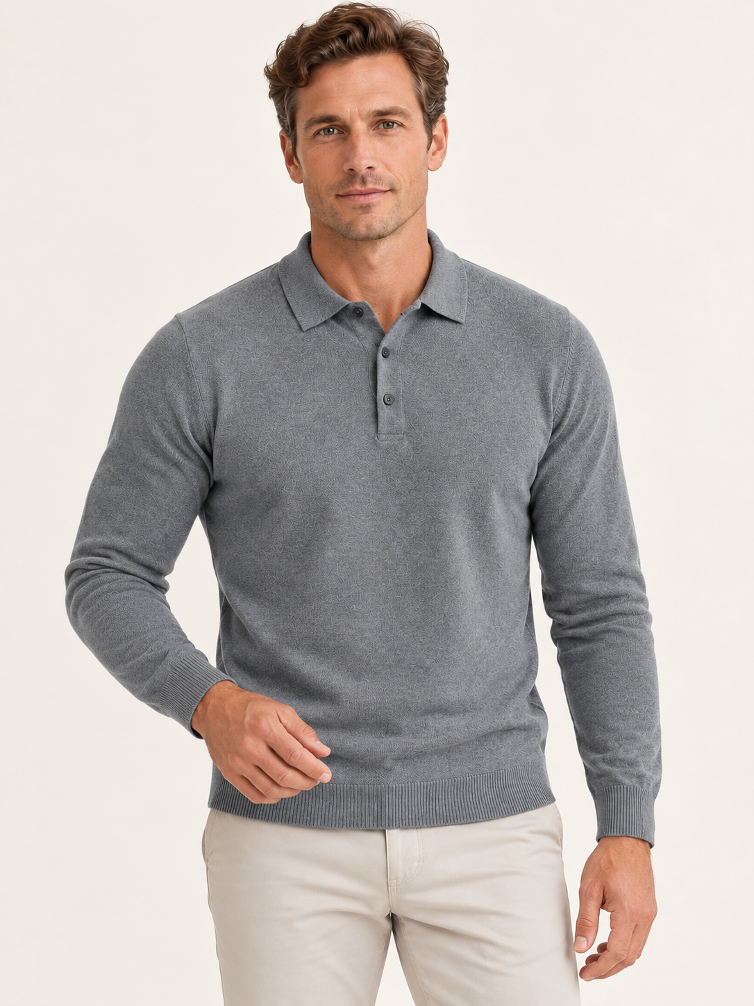 Men’s Long-Sleeve Knitted Polo Shirt – Button Placket & Ribbed Trims