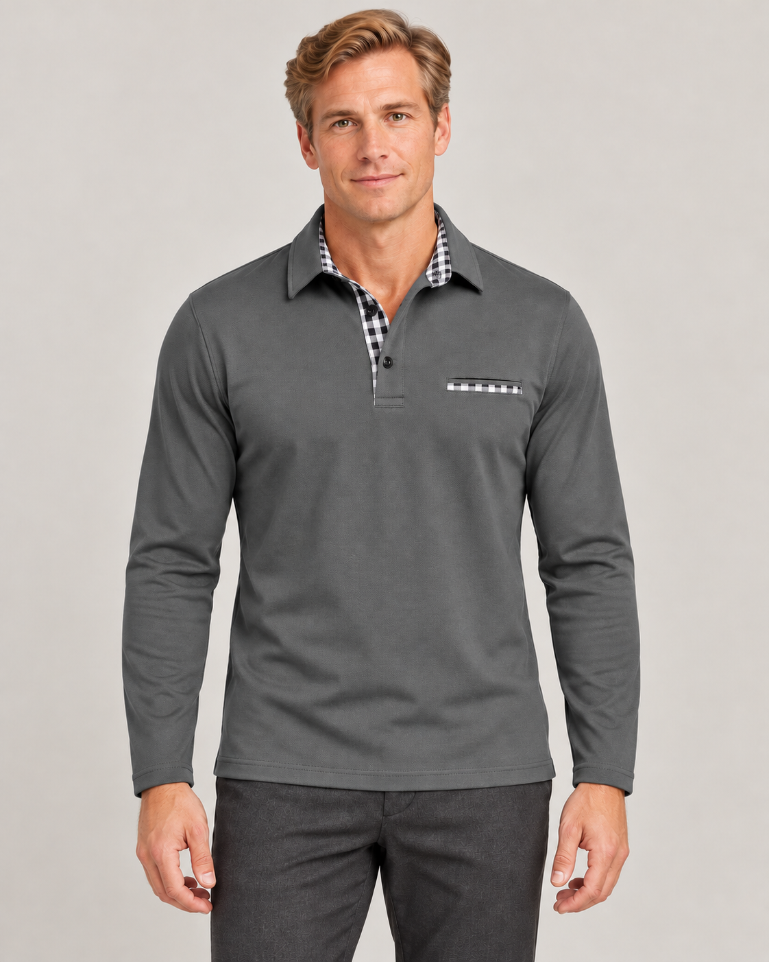 Men’s Long Sleeve Polo Shirt in Cotton Blend with Check Trim