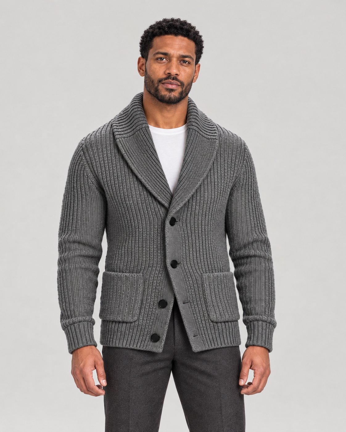 Men’s Shawl Collar Cardigan with Ribbed Knit and Button Front