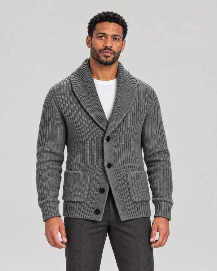 Men’s Shawl Collar Cardigan with Ribbed Knit and Button Front