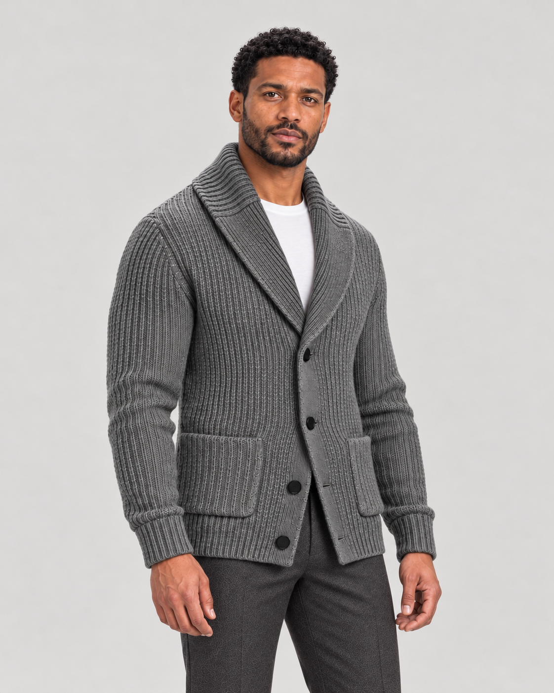 Men’s Shawl Collar Cardigan with Ribbed Knit and Button Front