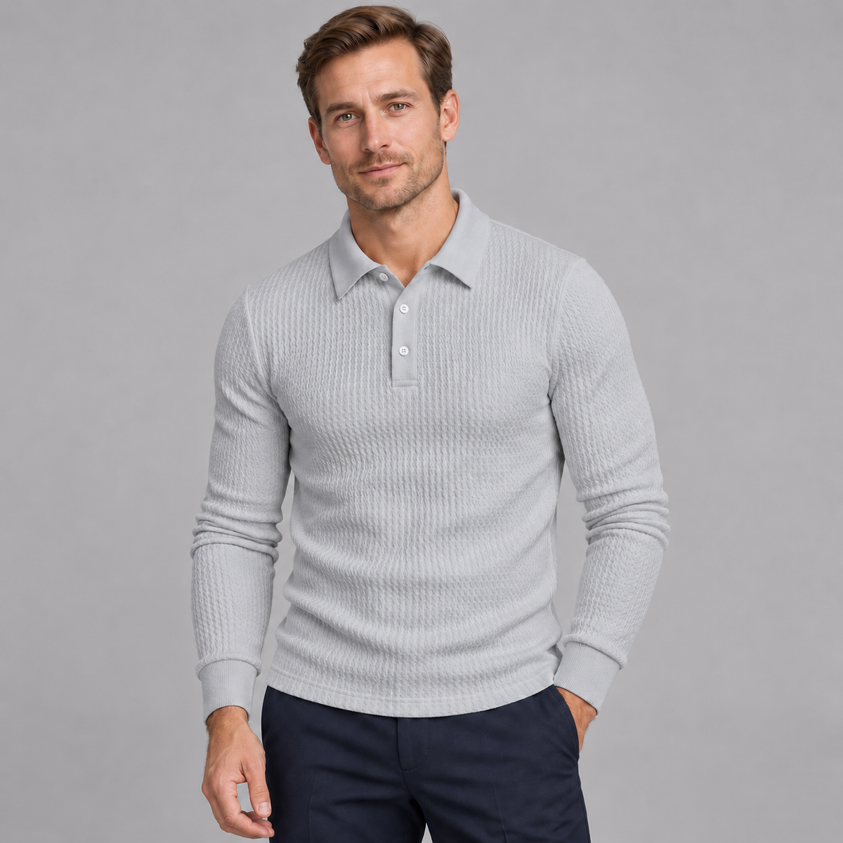 Men's Ribbed Long-Sleeve Polo Sweater – Slim Fit