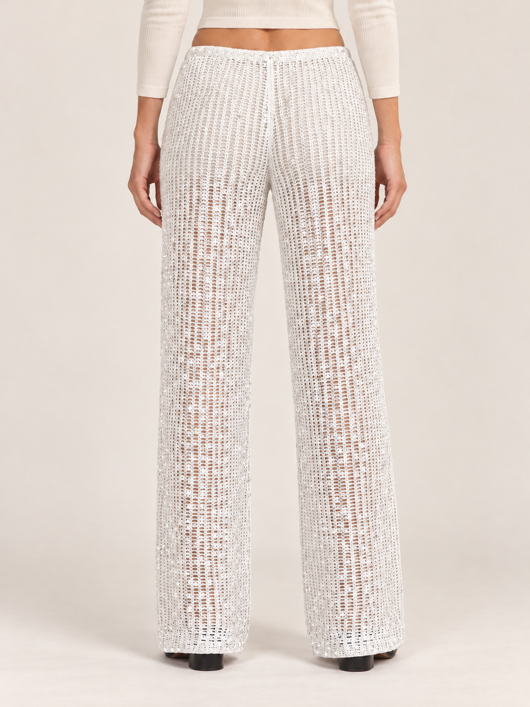 Women's Sequin Crochet Wide-Leg Trousers – Drawstring Waist
